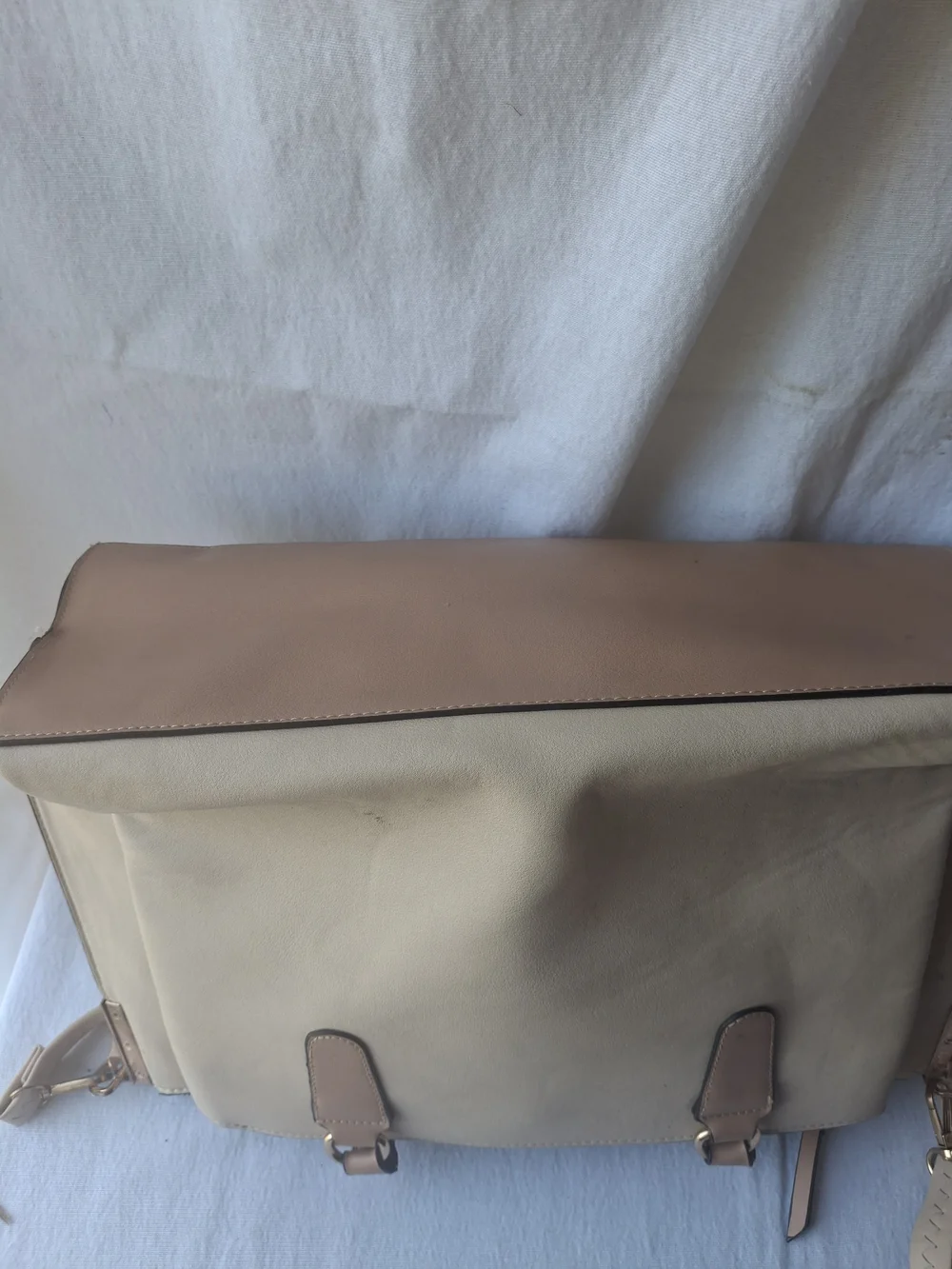 Two-Tone Beige & Tan Structured Satchel with Belt Detail
